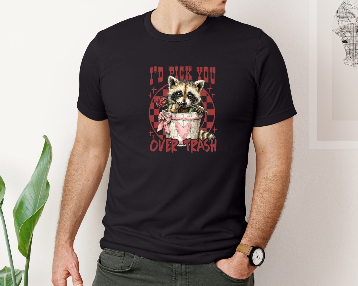 brand:Bella Canvas|color:Black|Funny Valentines Day Raccoon 6 Graphic T-Shirt