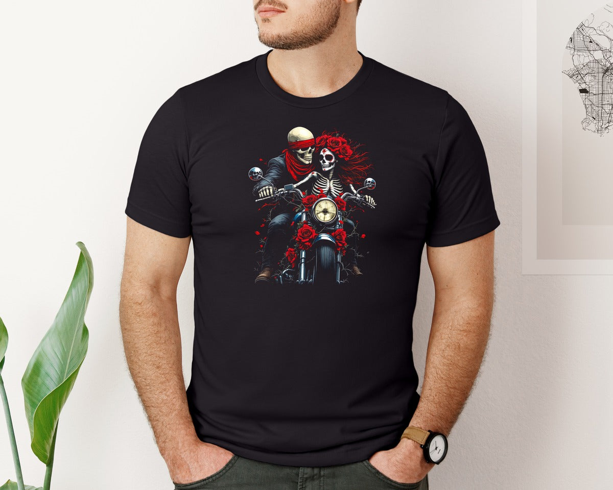 brand:Bella Canvas|color:Black|Skeleton Couple On Motorcycle Graphic T-Shirt