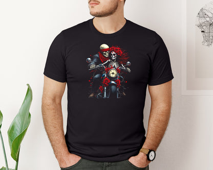 brand:Bella Canvas|color:Black|Skeleton Couple On Motorcycle Graphic T-Shirt