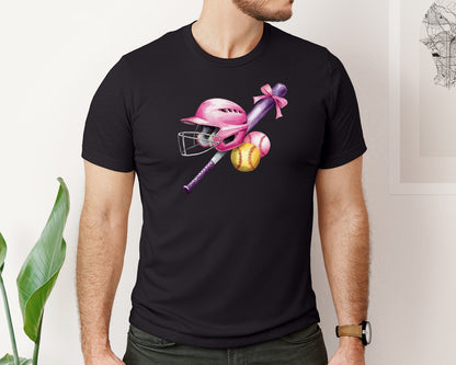 brand:Bella Canvas|color:Black|Coquette Softball Pink Helmet Graphic T-Shirt