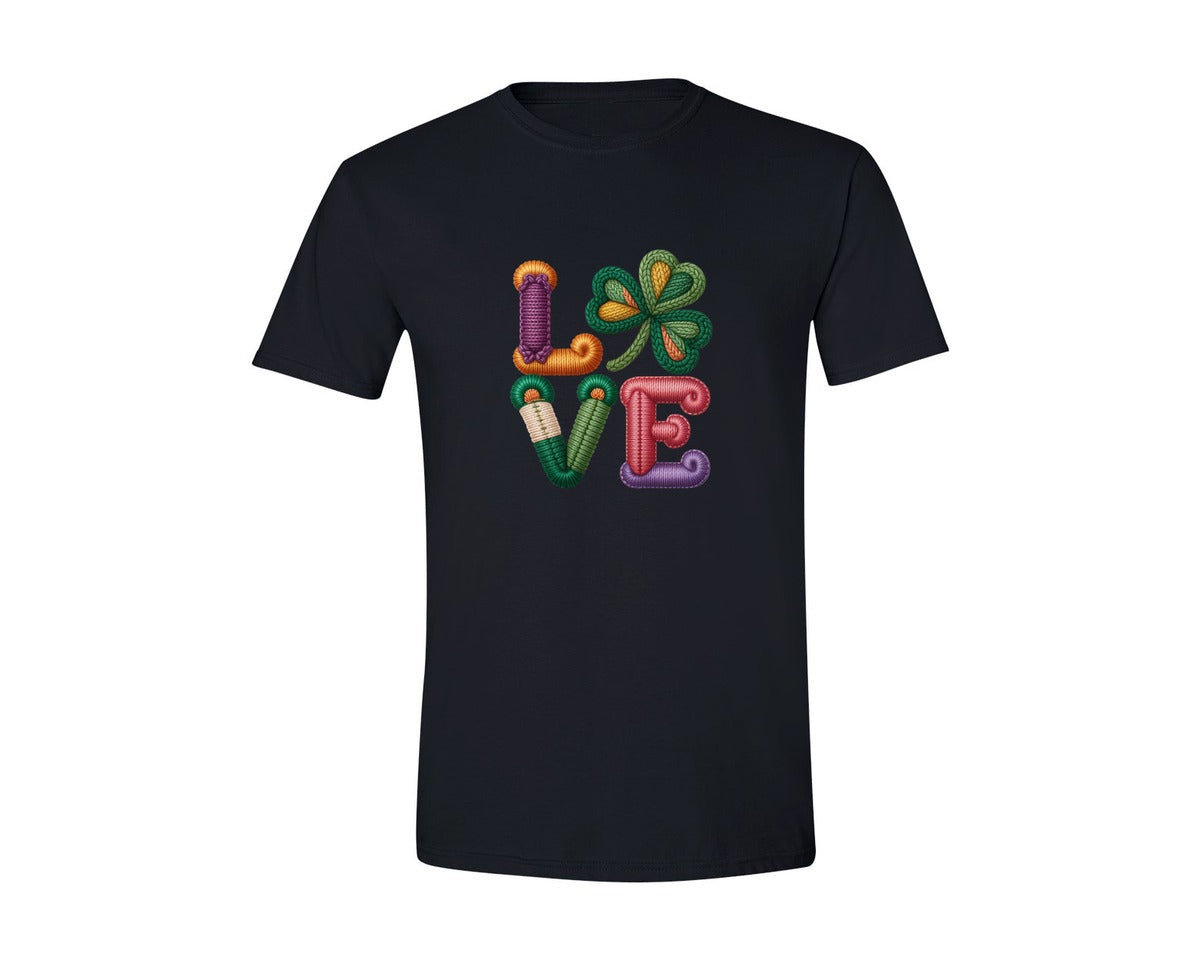 brand:Generic|color:Black|Crochet Shamrock Love St Patricks Graphic T-Shirt