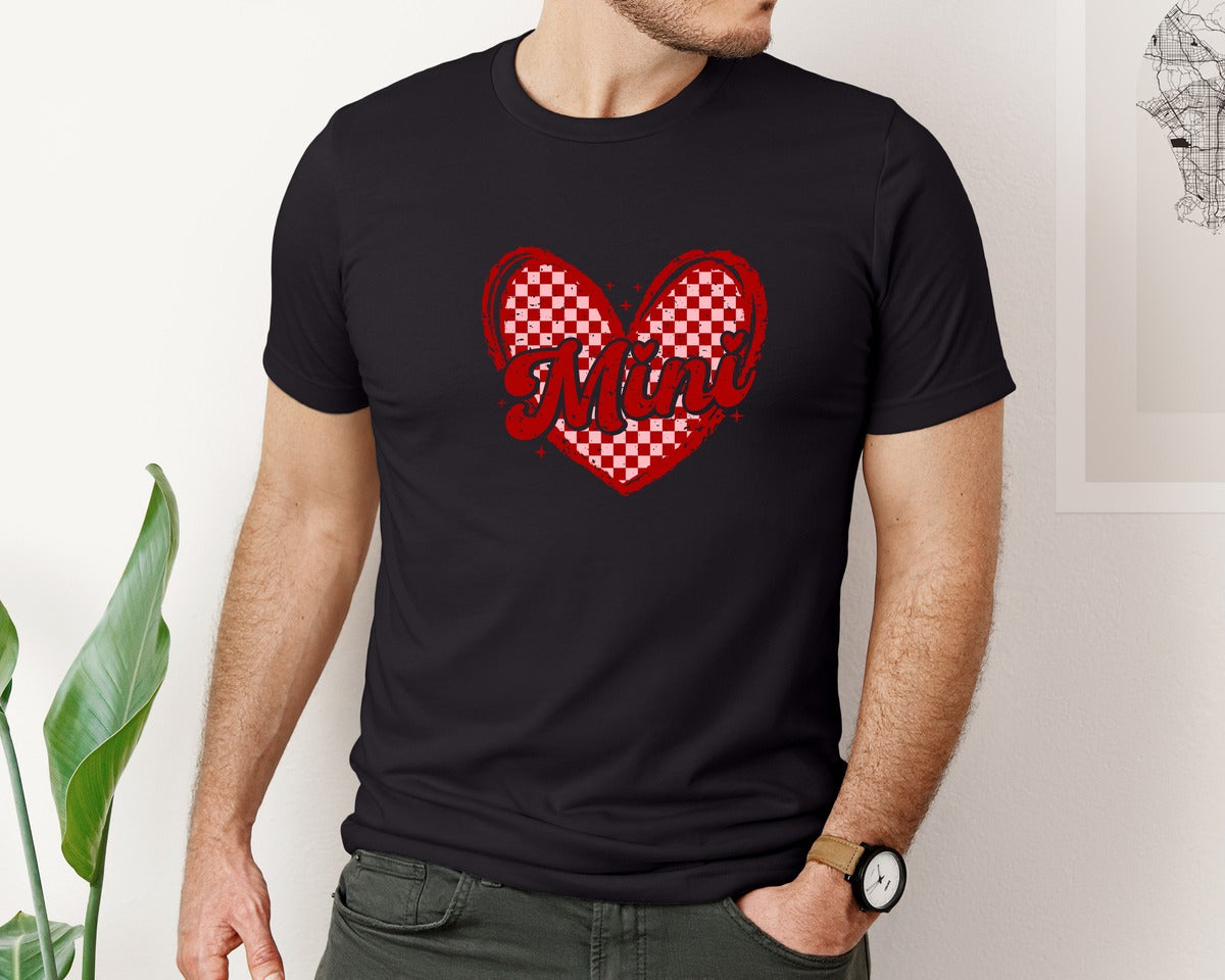 brand:Bella Canvas|color:Black|Mini Checkered Heart Valentine Graphic T-Shirt