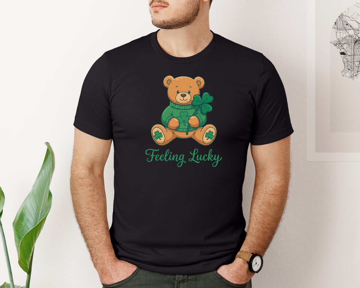 brand:Bella Canvas|color:Black|Feeling Lucky Teddy Bear Graphic T-Shirt