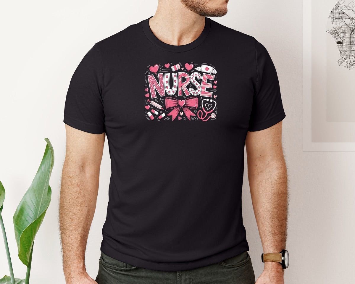brand:Bella Canvas|color:Black|Valentines Day Nurse Coquette Bow Graphic T-Shirt