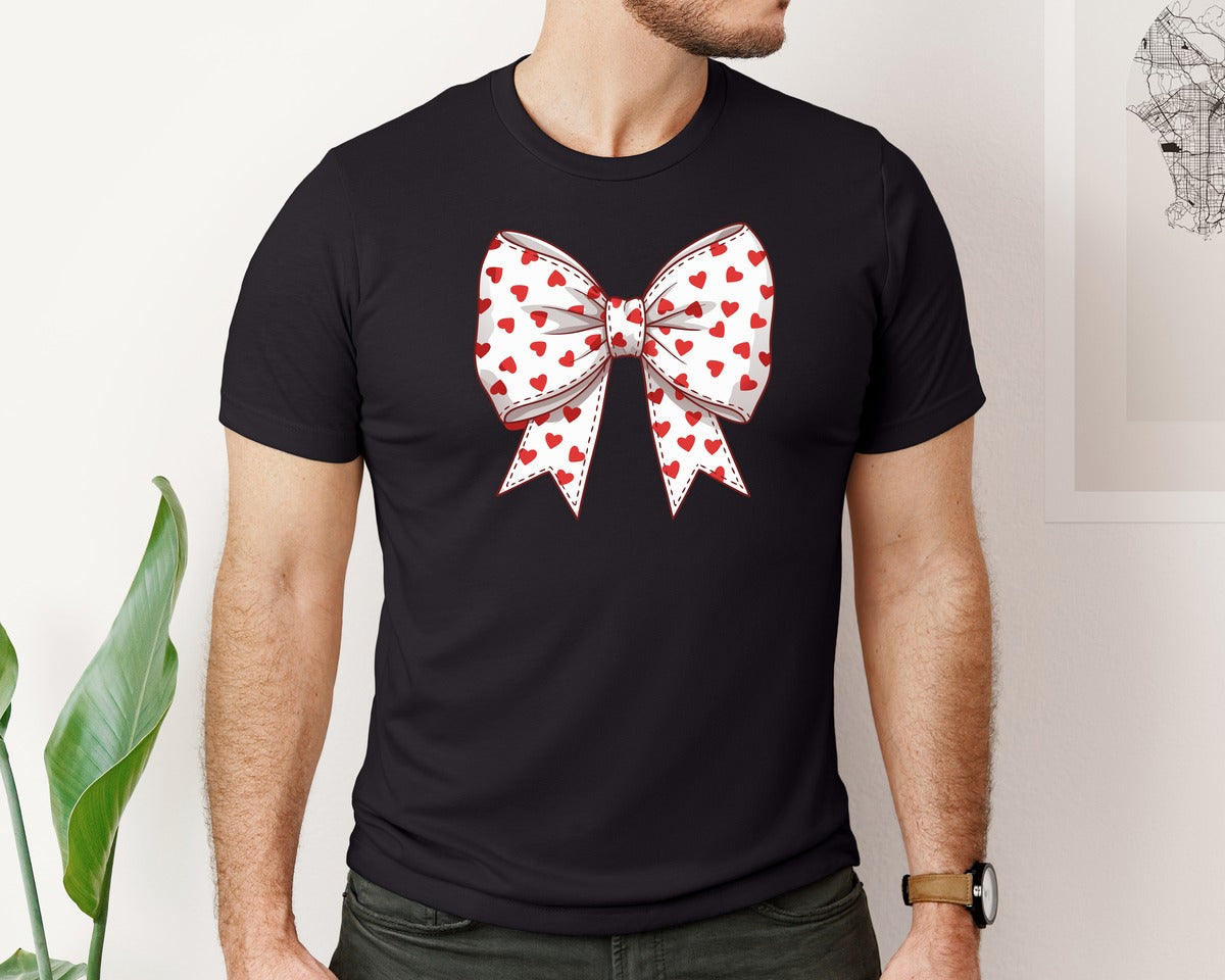 brand:Bella Canvas|color:Black|Coquette Valentines Day Heart Bow Graphic T-Shirt