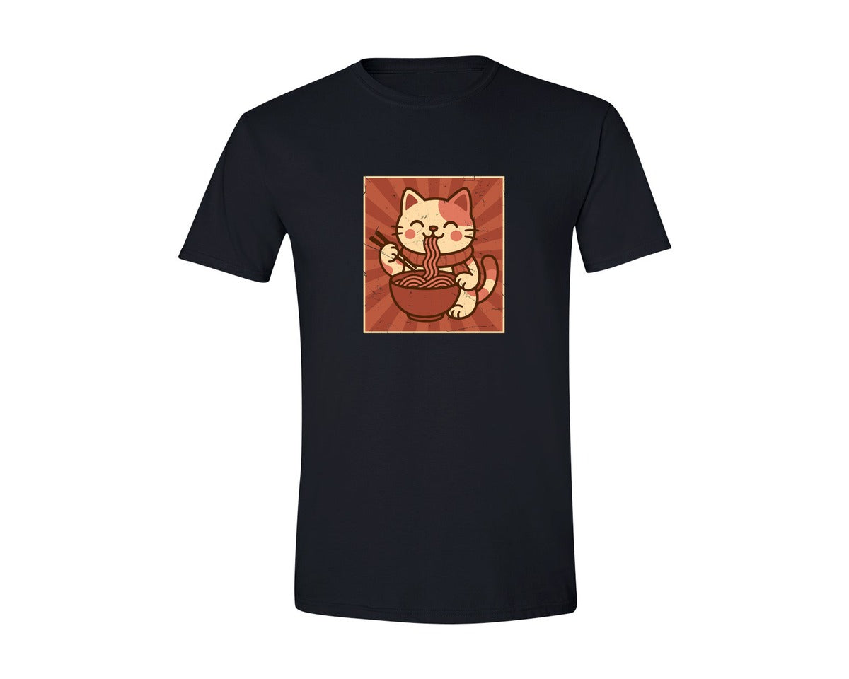 brand:Generic|color:Black|Kawaii Noodle Bowl Cute Cat Eating Ramen Graphic T-Shirt