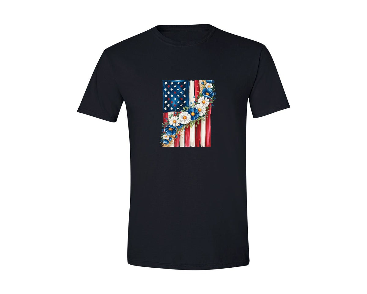 brand:Generic|color:Black|Floral American Flag 4 Graphic T-Shirt