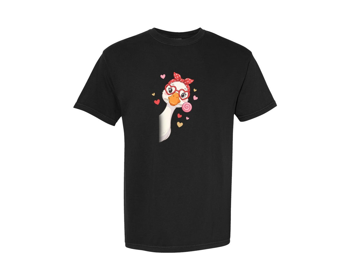 brand:Comfort Colors|color:Black|Valentine Goose Heart Glasses Lollipop Graphic T-Shirt