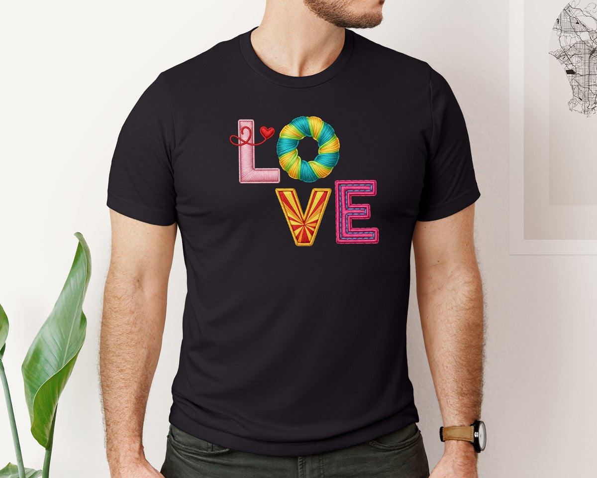 brand:Bella Canvas|color:Black|Love Embroidery Valentines Day 9 Graphic T-Shirt