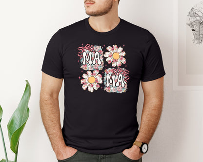 brand:Bella Canvas|color:Black|Floral Mama Pink Daisy Bow Graphic T-Shirt