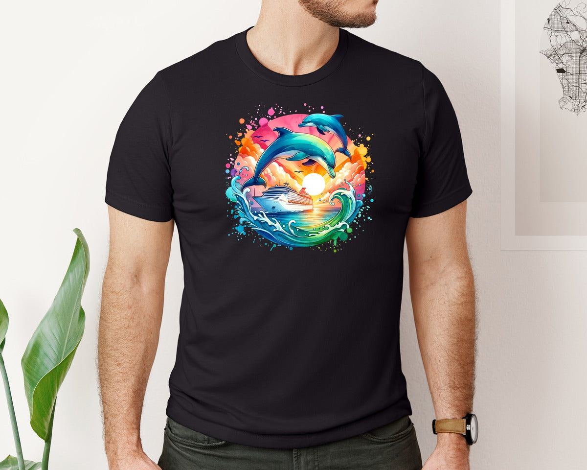 brand:Bella Canvas|color:Black|Colorful Cruise Ship Dolphin Graphic T-Shirt