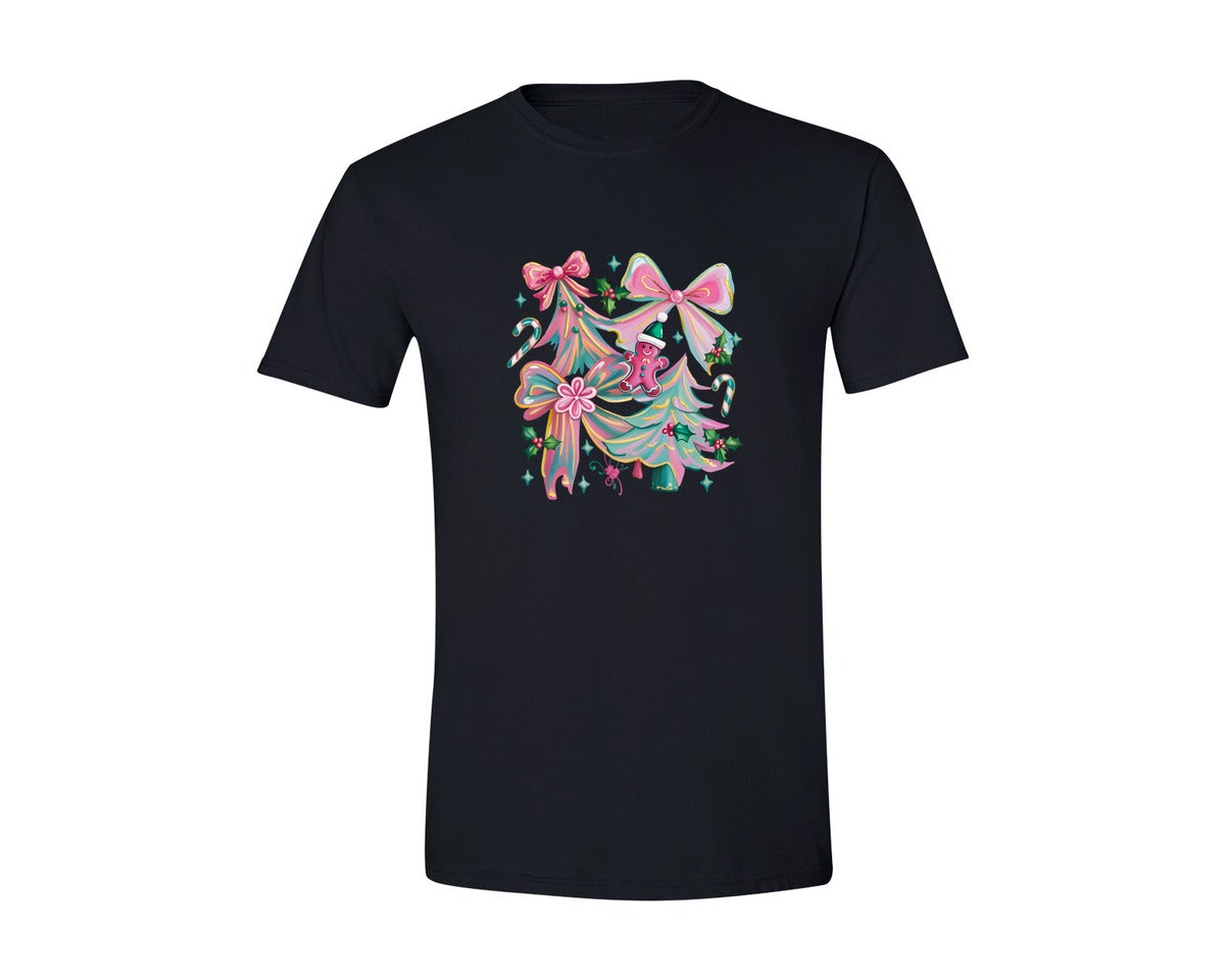brand:Generic|color:Black|Coquette Christmas Glitter Tree Bow Graphic T-Shirt