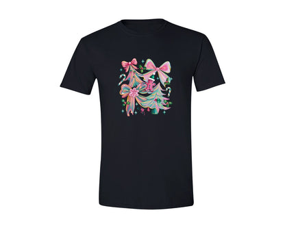 brand:Generic|color:Black|Coquette Christmas Glitter Tree Bow Graphic T-Shirt