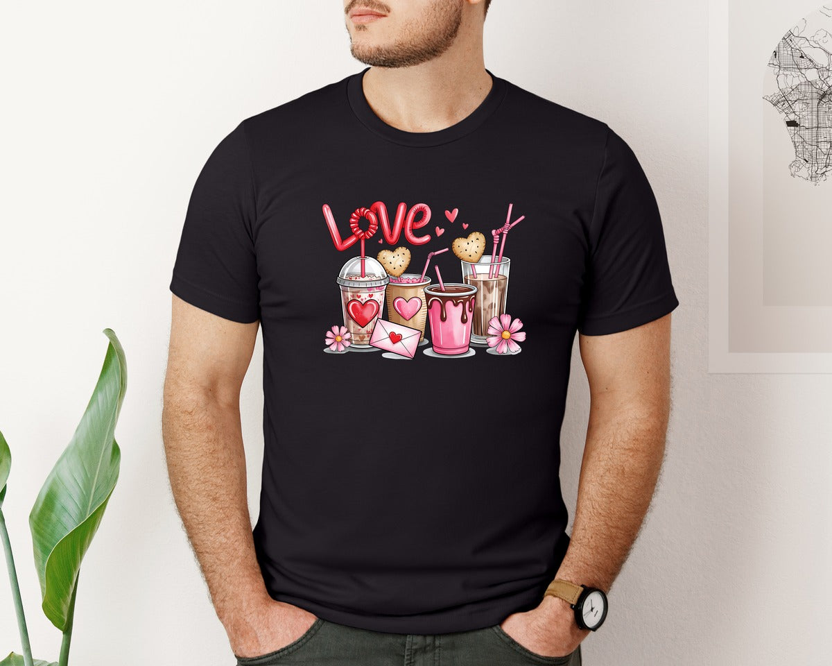 brand:Bella Canvas|color:Black|Valentines Day Coffee Cups Pnglove Xoxo Graphic T-Shirt