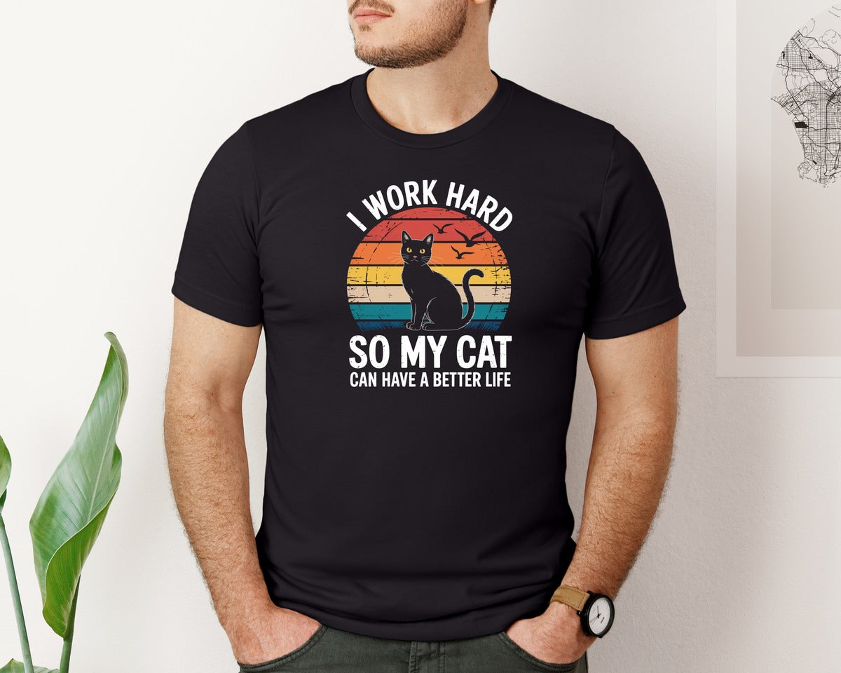 brand:Bella Canvas|color:Black|Funny Cat Lover Retro Sunset Graphic T-Shirt