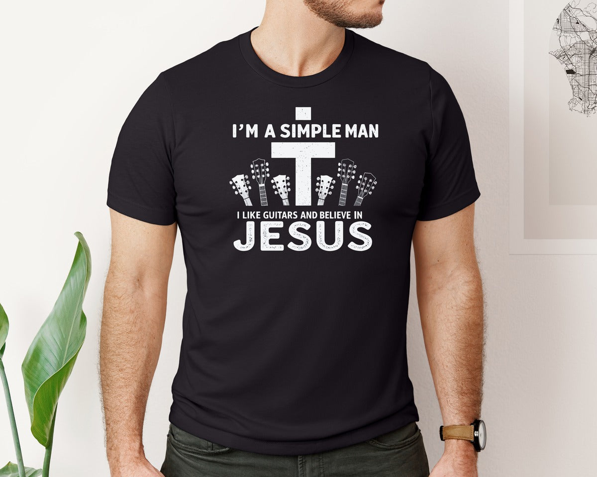 brand:Bella Canvas|color:Black|Christian Guitar Im A Simple Man Graphic T-Shirt