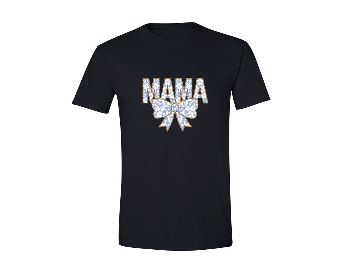 brand:Generic|color:Black|White Blue Toile Coquette Bow Mama Graphic T-Shirt