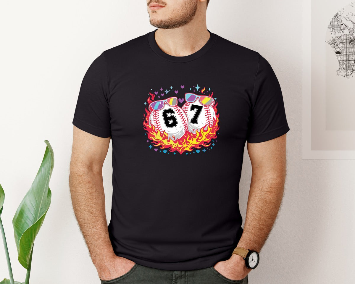brand:Bella Canvas|color:Black|Flaming Baseball Couple Trendy 67 Meme Graphic T-Shirt