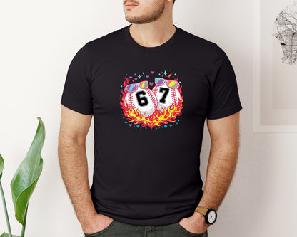 brand:Bella Canvas|color:Black|Flaming Baseball Couple Trendy 67 Meme Graphic T-Shirt