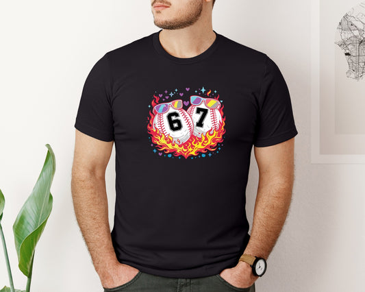 Flaming Baseball Couple Trendy 67 Meme Graphic T-Shirt