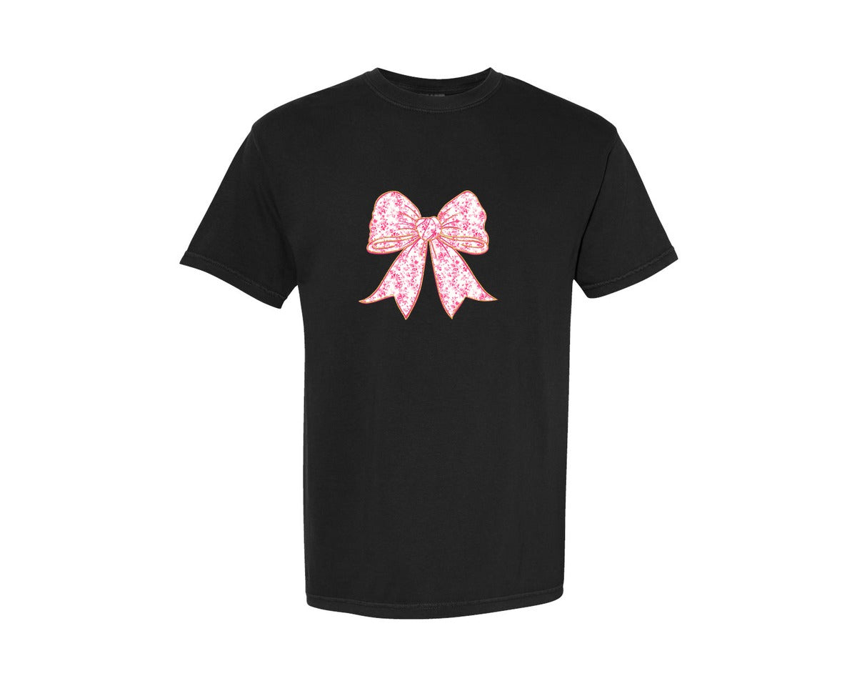 brand:Comfort Colors|color:Black|Pink Floral Toile Coquette Bow Graphic T-Shirt