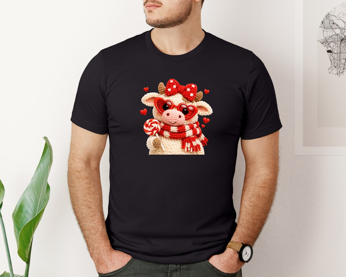 brand:Bella Canvas|color:Black|Highland Cow Valentine Crochet Graphic T-Shirt