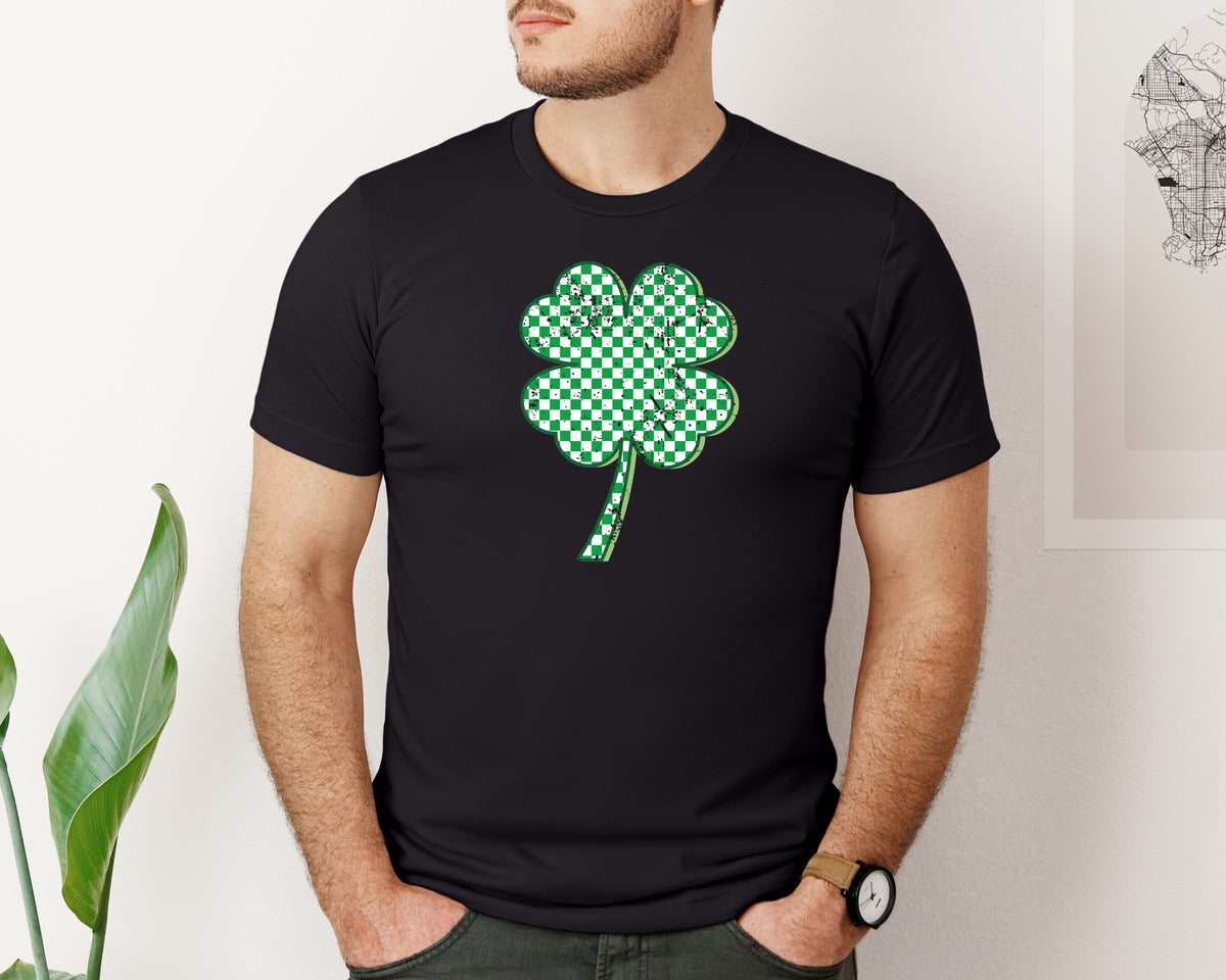 brand:Bella Canvas|color:Black|Shamrock Checker Patricks Day Distressed Graphic T-Shirt