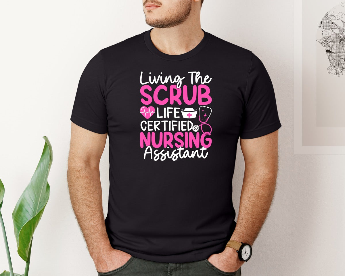 brand:Bella Canvas|color:Black|Living The Scrub Life Nurse T Shirt 2 Graphic T-Shirt