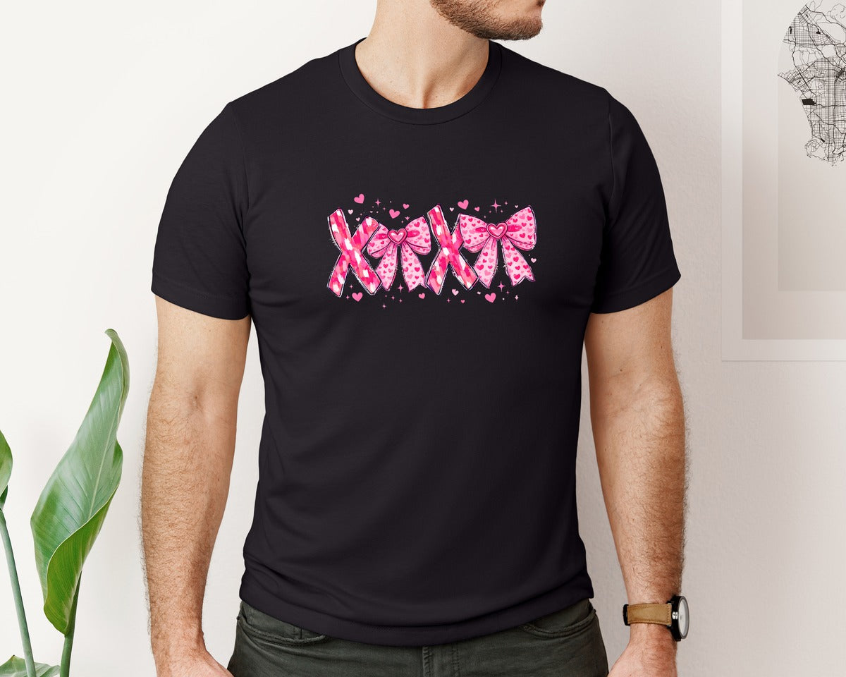 brand:Bella Canvas|color:Black|Pink Bow Valentine Design Graphic T-Shirt