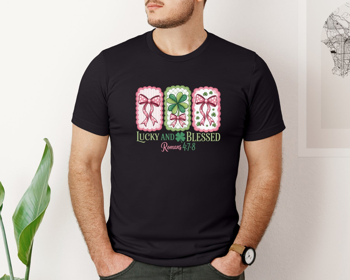 brand:Bella Canvas|color:Black|Lucky And Blessed Retro Patrick 2 Graphic T-Shirt