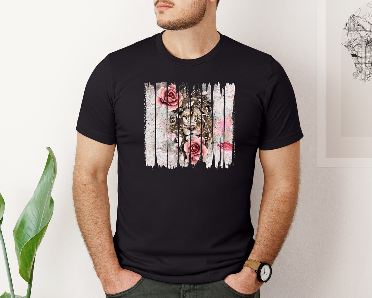 brand:Bella Canvas|color:Black|Pink Valentine Lion Rose Brushstroke Graphic T-Shirt