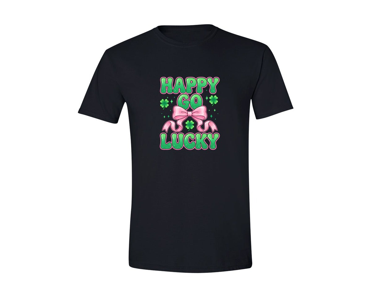 brand:Generic|color:Black|Happy Go Lucky Pink Bow Shamrock Graphic T-Shirt