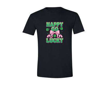 brand:Generic|color:Black|Happy Go Lucky Pink Bow Shamrock Graphic T-Shirt