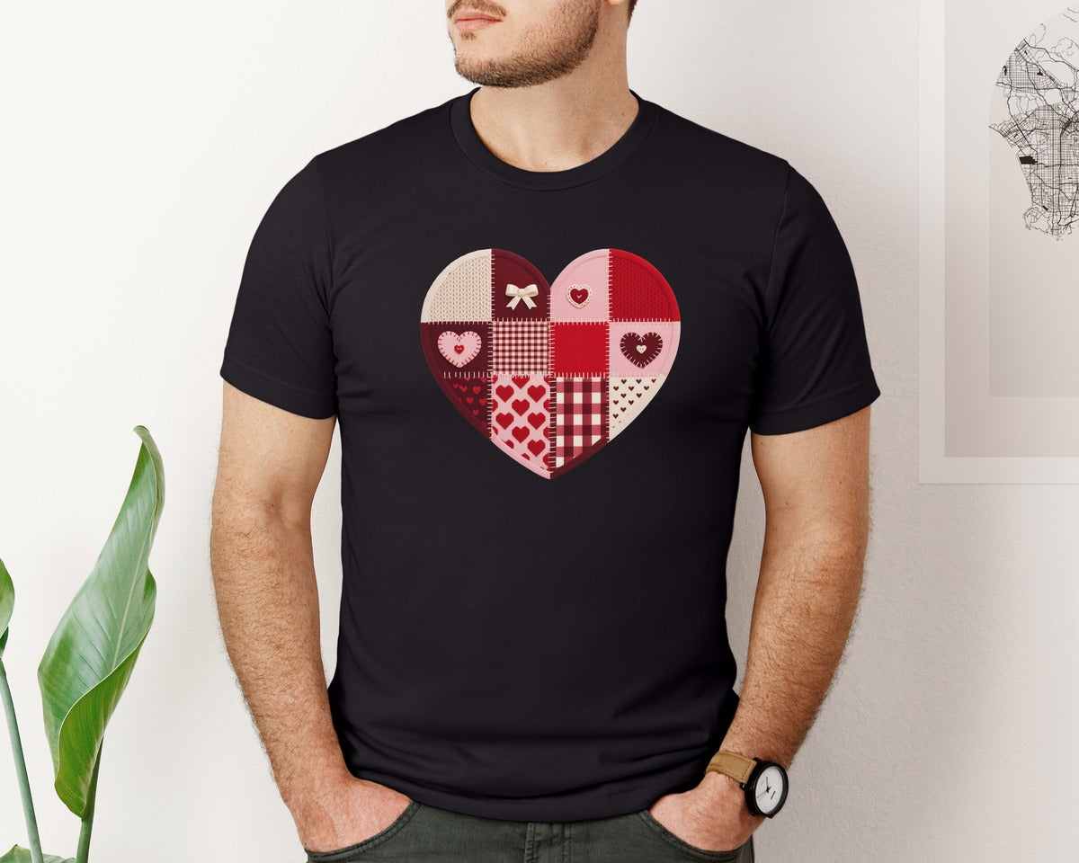 brand:Bella Canvas|color:Black|Patchwork Crochet Valentine Heart Graphic T-Shirt