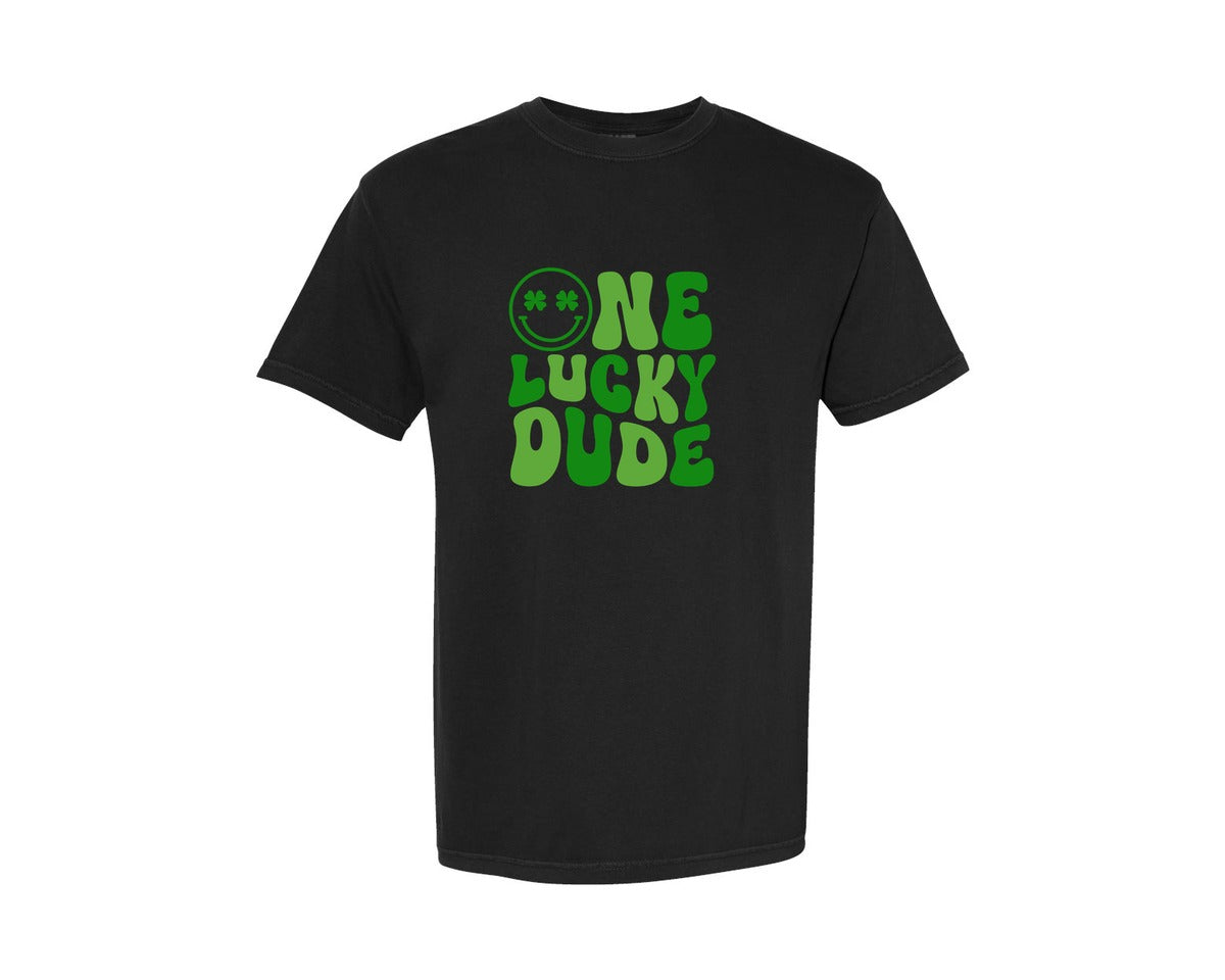 brand:Comfort Colors|color:Black|One Lucky Dude St Patricks Day 3 Graphic T-Shirt
