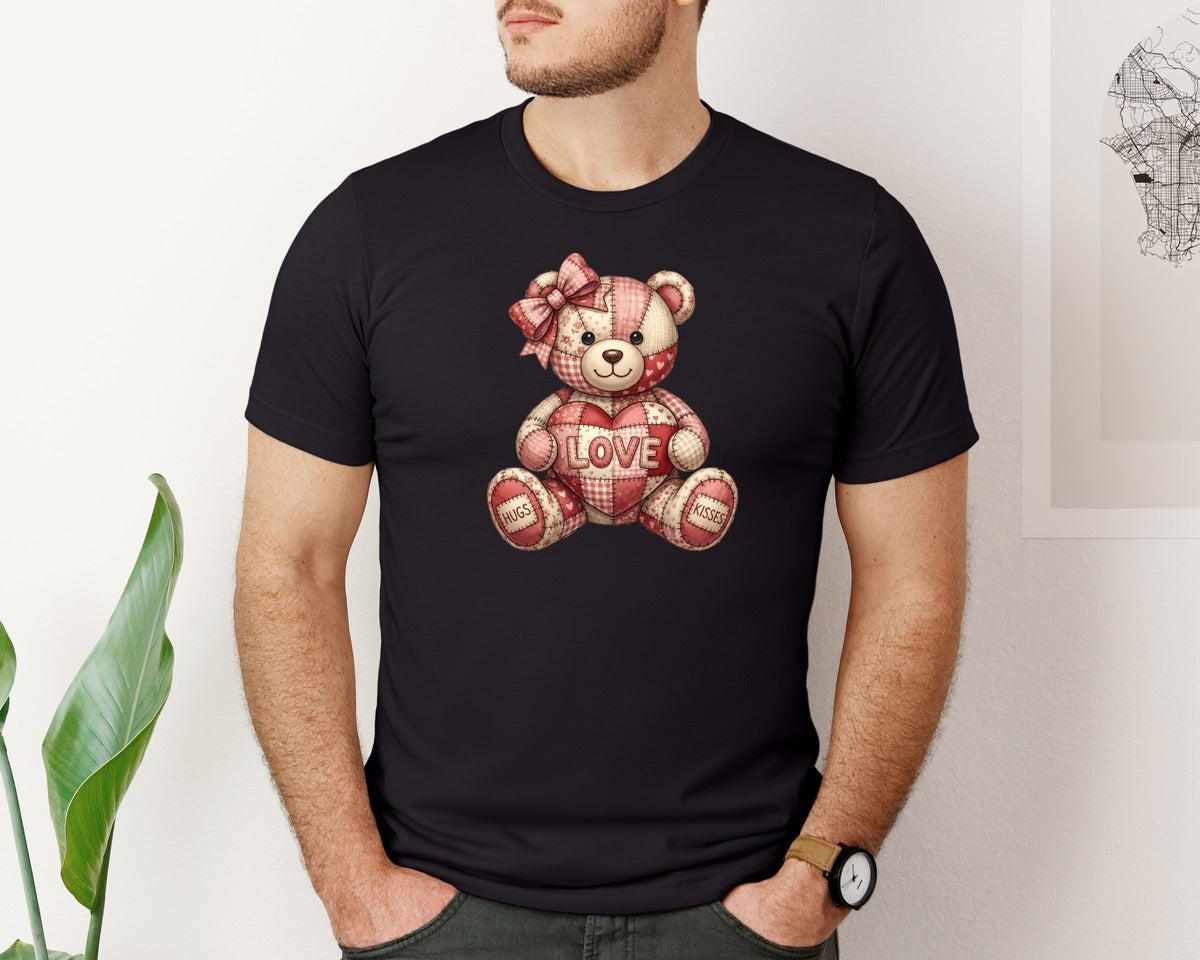 brand:Bella Canvas|color:Black|Patchwork Teddy Bear Valentines Day Graphic T-Shirt