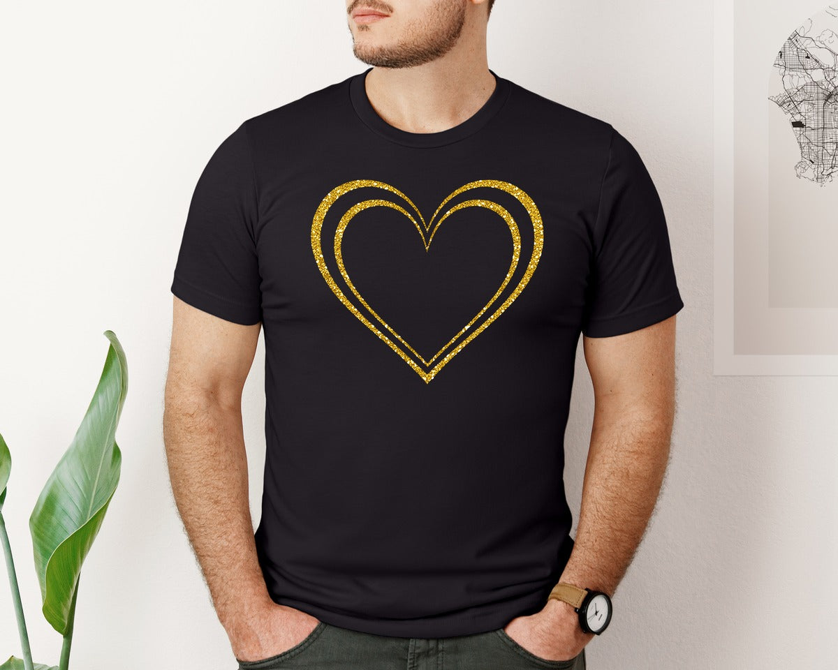 brand:Bella Canvas|color:Black|Gold Glitter Double Heart Valentine Graphic T-Shirt