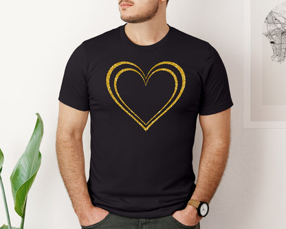 brand:Bella Canvas|color:Black|Gold Glitter Double Heart Valentine Graphic T-Shirt