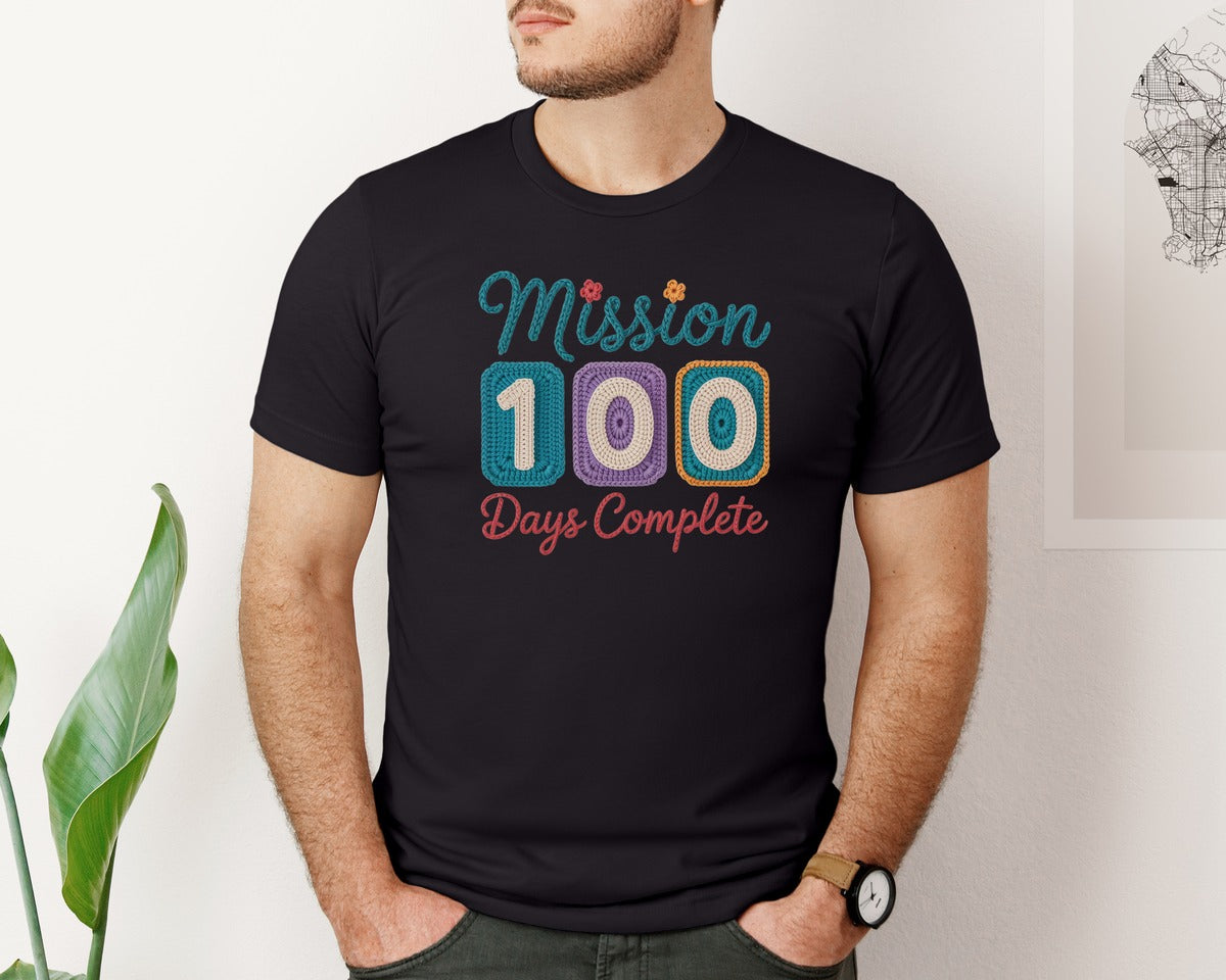 brand:Bella Canvas|color:Black|Embroidery Mission 100 Days Complete Graphic T-Shirt