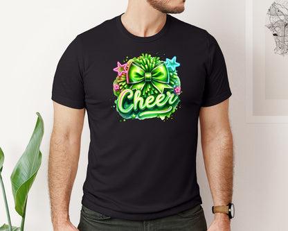 brand:Bella Canvas|color:Black|Neon Green Cheer Coquette Bow Graphic T-Shirt