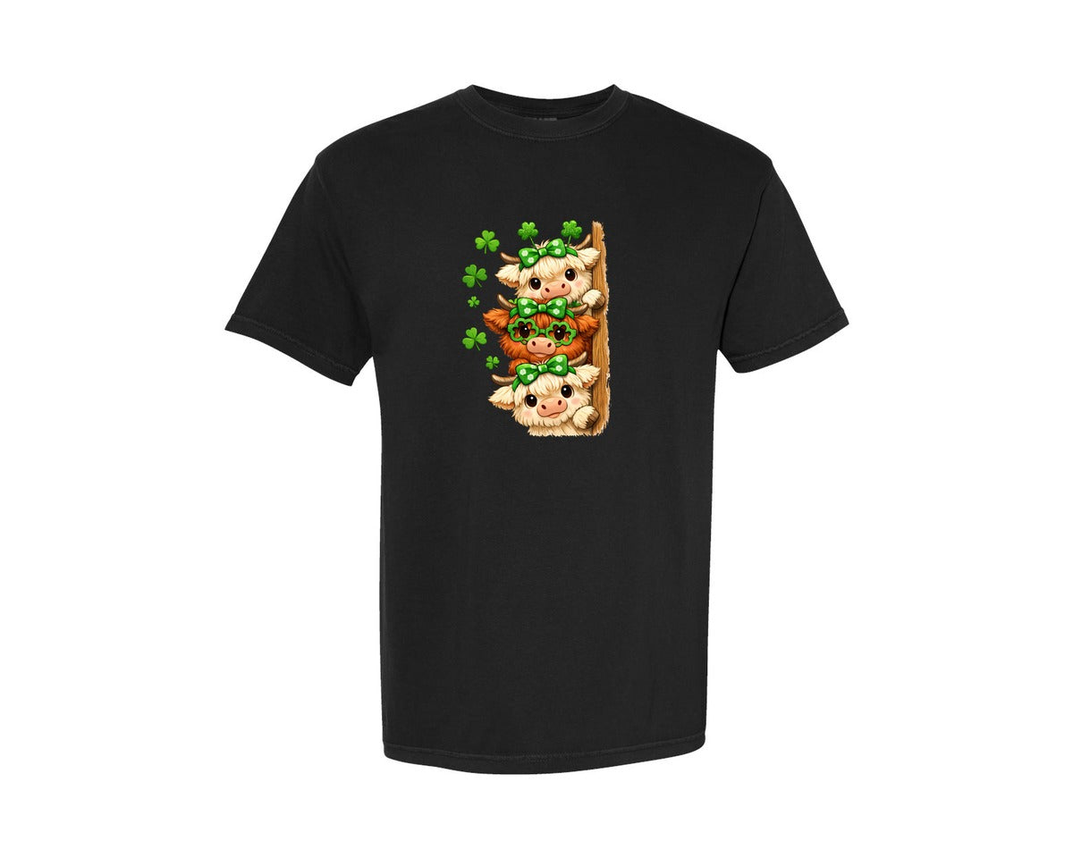 brand:Comfort Colors|color:Black|Cute St Patricks Day Highland Cow 2 Graphic T-Shirt