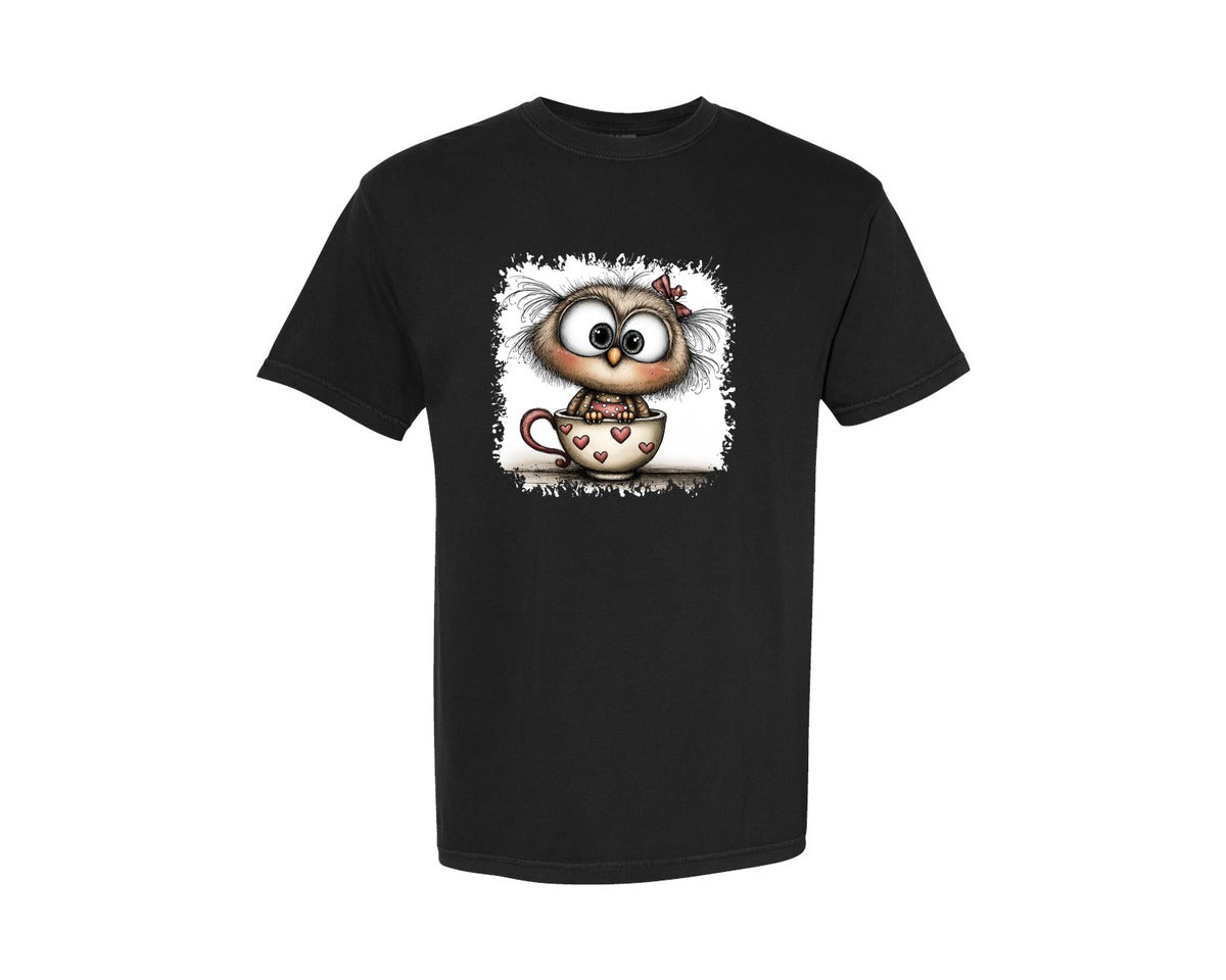 brand:Comfort Colors|color:Black|Owl Whimsical Valentine Square Tshirt Graphic T-Shirt