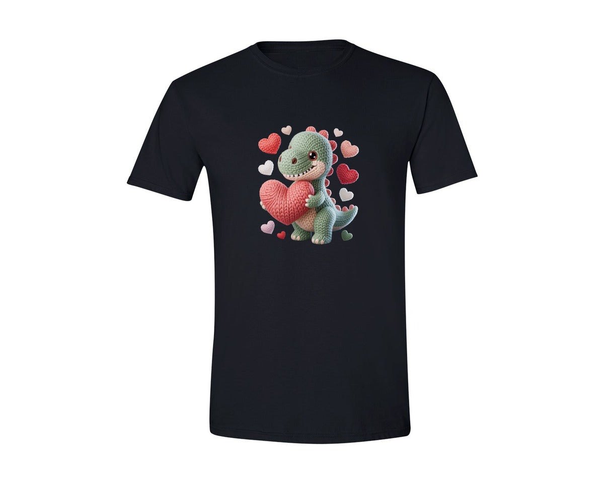 brand:Generic|color:Black|Cute Crochet Dinosaur Valentine Graphic T-Shirt