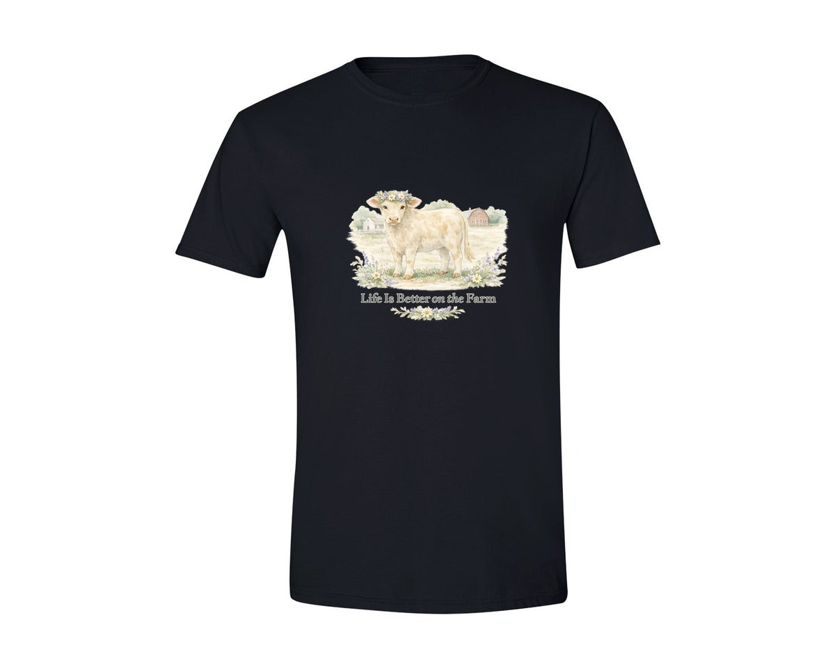 brand:Generic|color:Black|Life Is Better On The Farm Cow Graphic T-Shirt