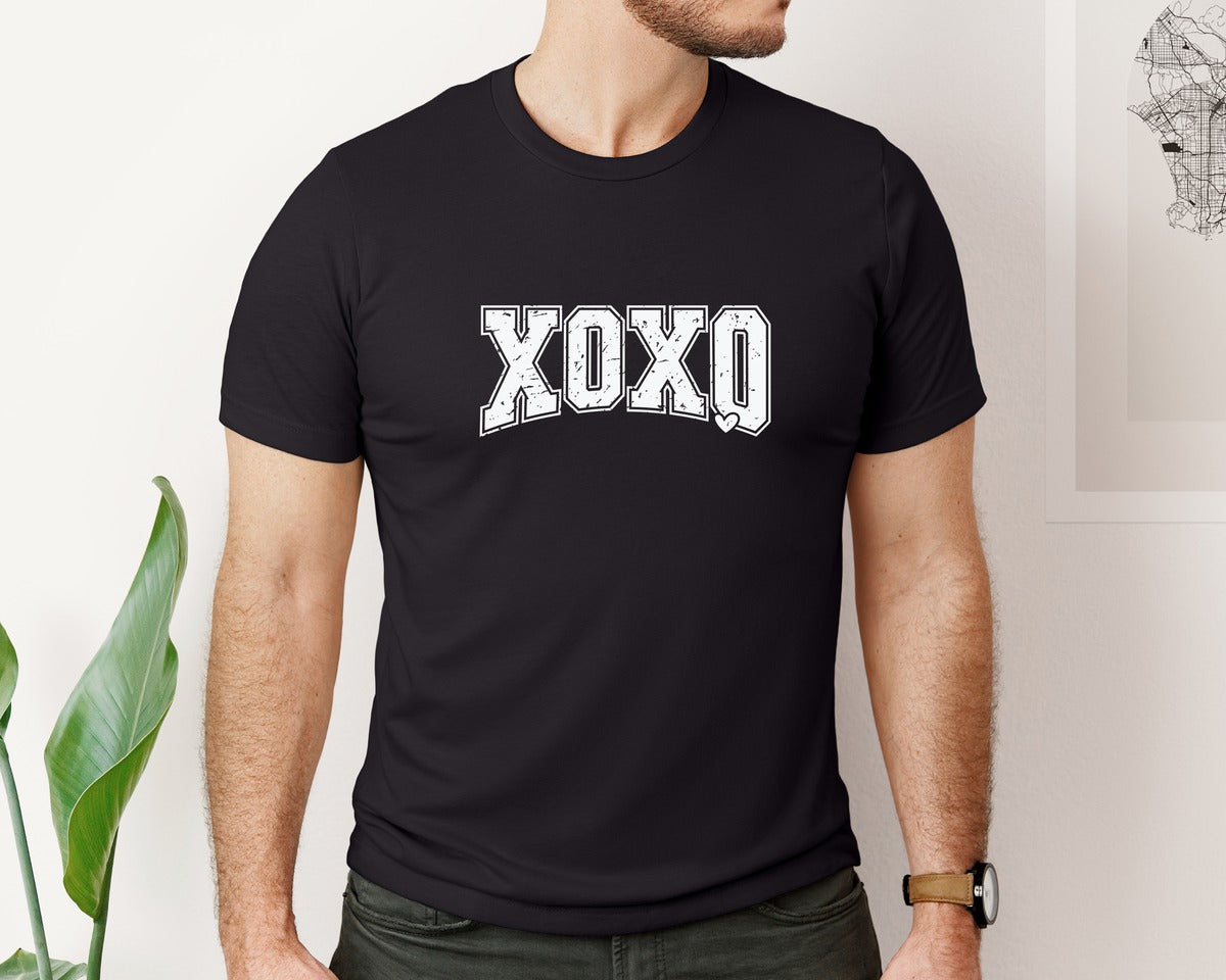 brand:Bella Canvas|color:Black|Retro Valentine Xoxo Varsity Heart Graphic T-Shirt