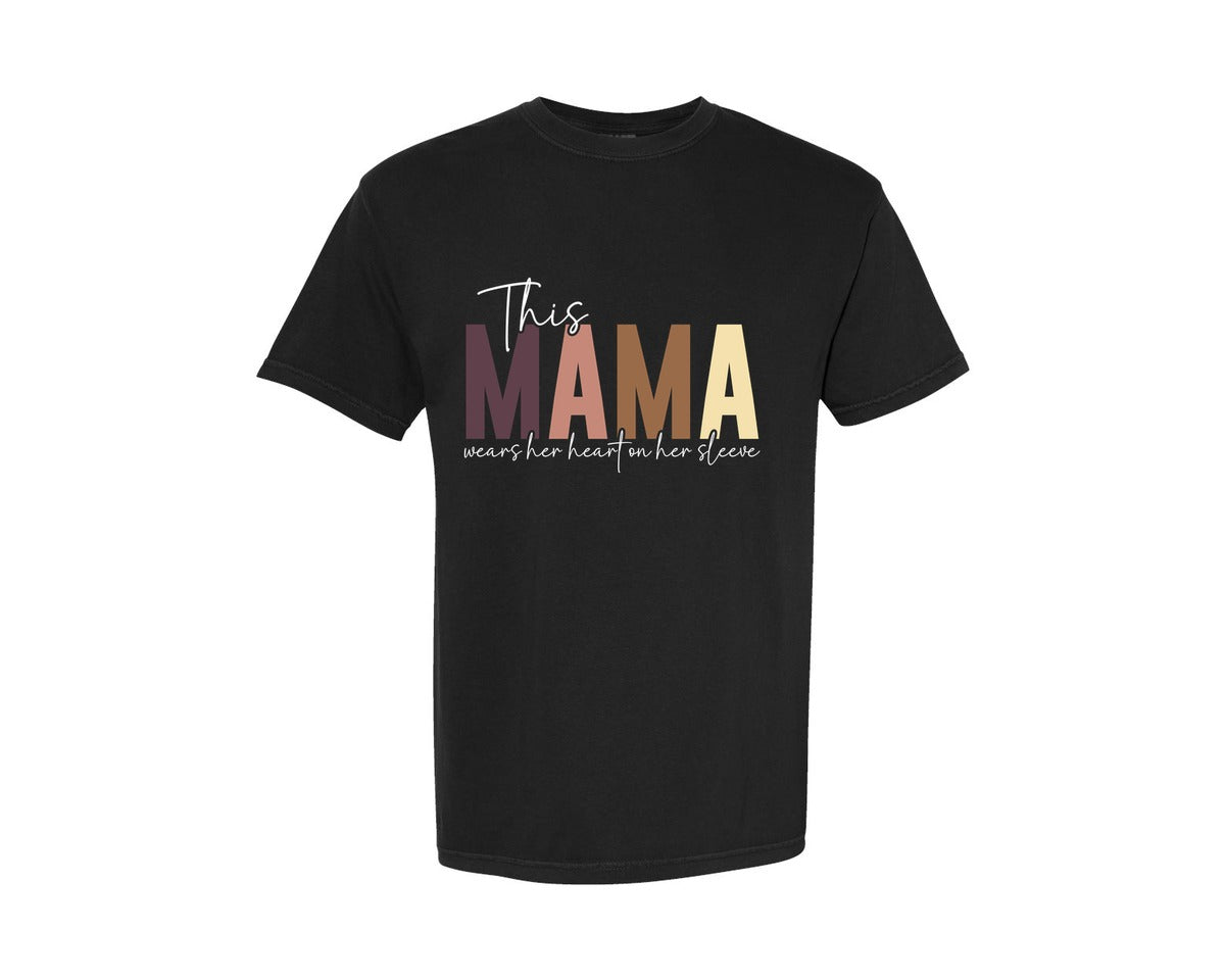 brand:Comfort Colors|color:Black|This Mama Wears Her Heart On Her Sleeve 64 Graphic T-Shirt