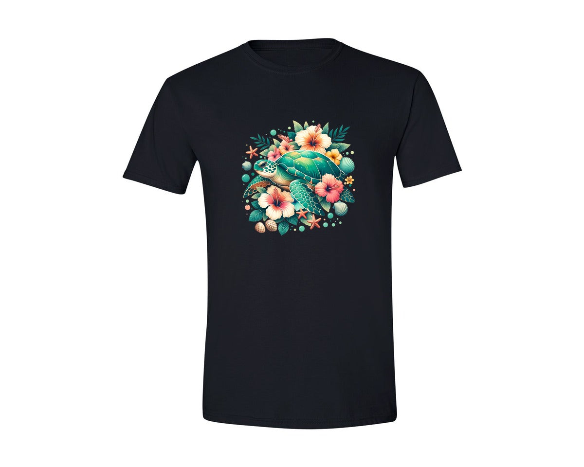 brand:Generic|color:Black|Ocean Turtle Tropical Flowers Graphic T-Shirt