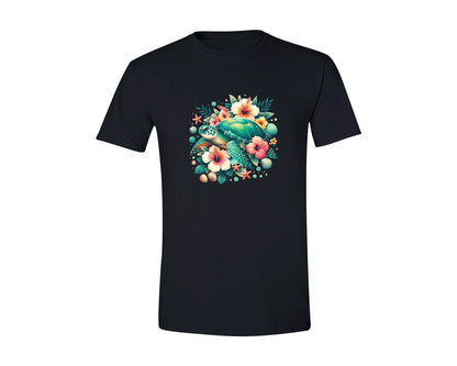 brand:Generic|color:Black|Ocean Turtle Tropical Flowers Graphic T-Shirt