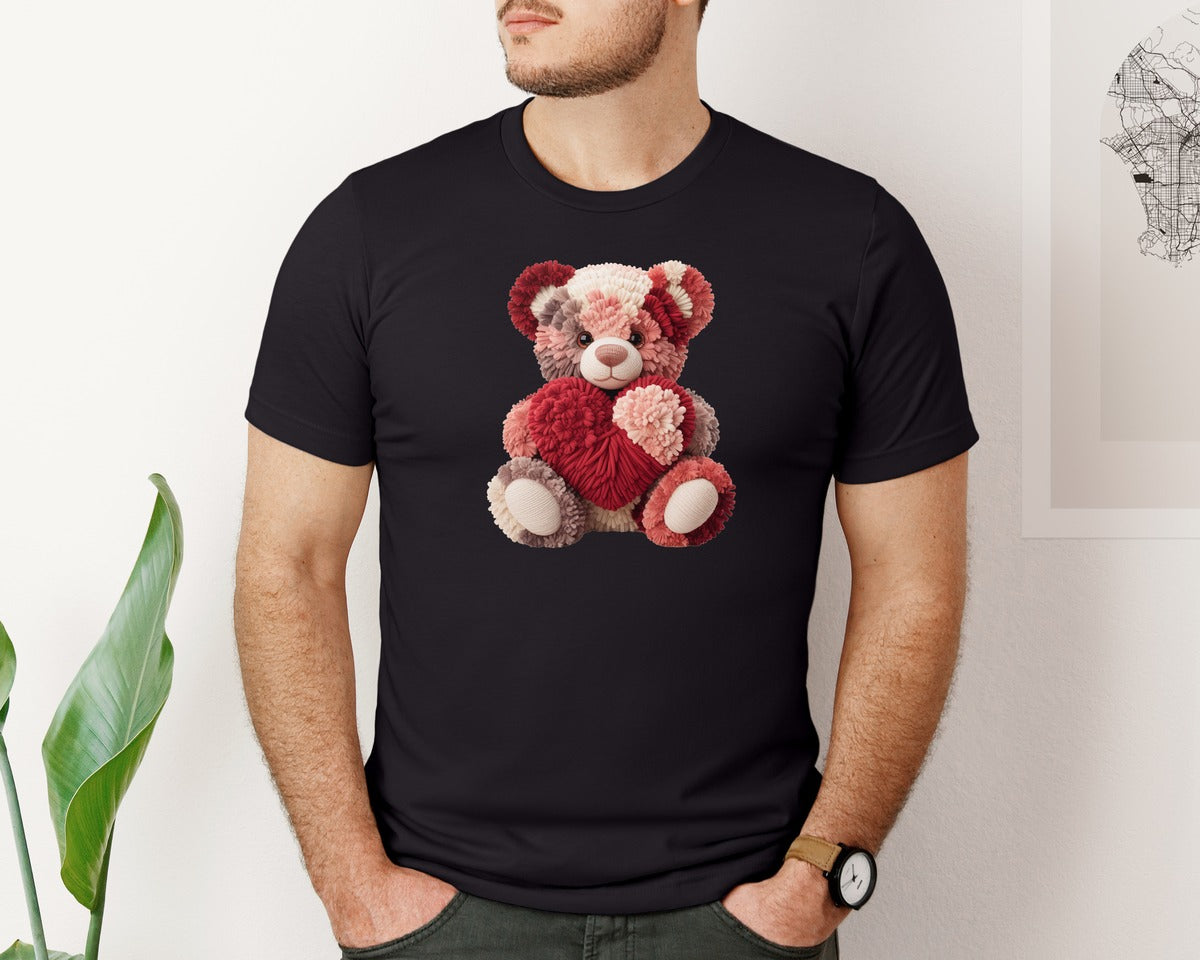 brand:Bella Canvas|color:Black|Crochet Valentine Teddy Bear Plush Graphic T-Shirt