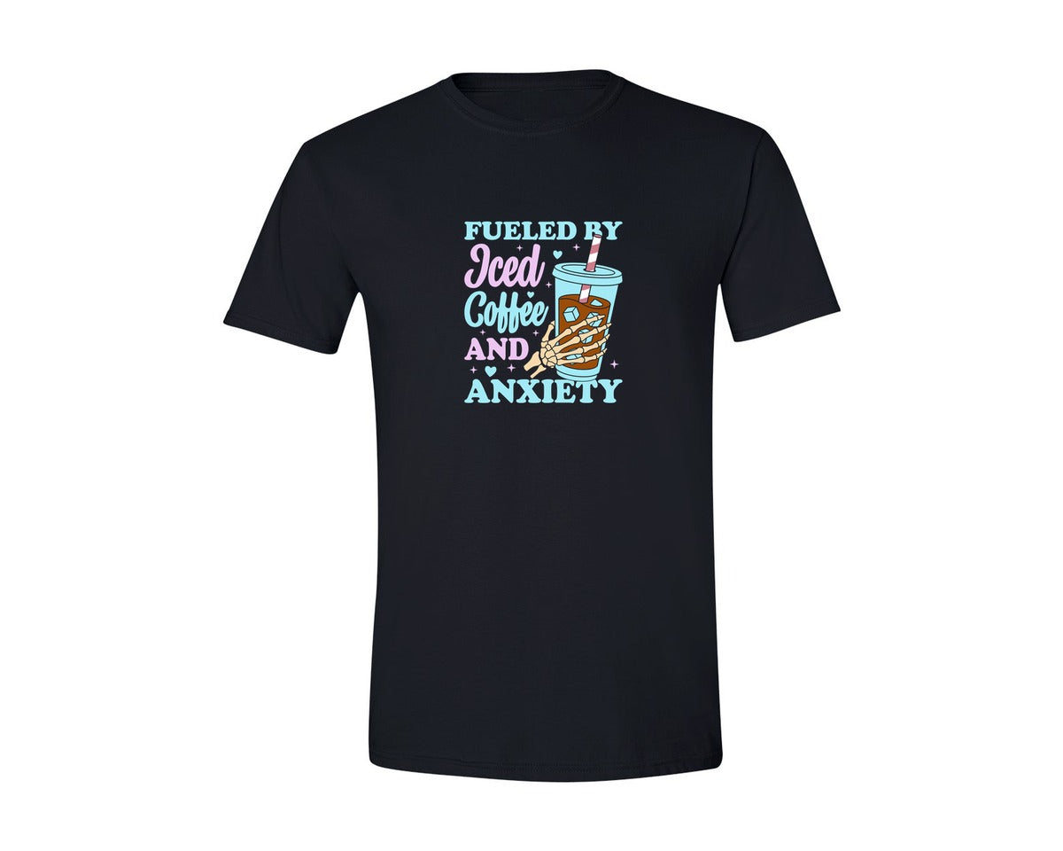brand:Generic|color:Black|Fueled By Iced Coffee Anxiety T Shirt Graphic T-Shirt